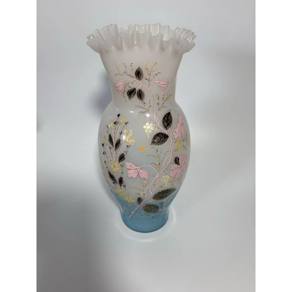 Antique Victorian Bristol Satin Glass Vase Hand Painted Enamel Flowers 13.25 In